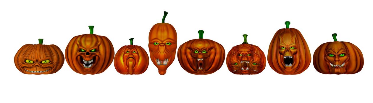 Eight different Halloween pumpkins isolated in white background - 3D render