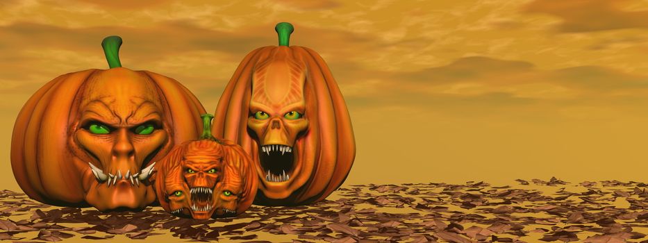 Three Halloween pumpkins and autumn leaves in orange backgroud panorama - 3D render