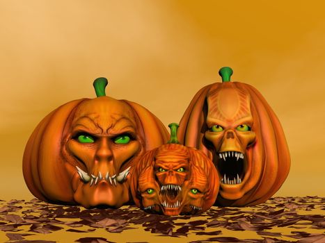 Three Halloween pumpkins and autumn leaves in orange backgroud - 3D render
