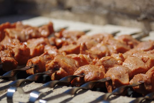 a Shashlik on skewers closeup on grill