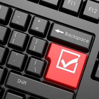 Red enter button with check mark on black keyboard image, 3D rendering