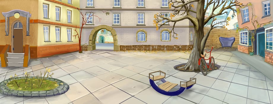 Empty Courtyard in late Autumn. Digital Painting, Illustration in cartoon style character.