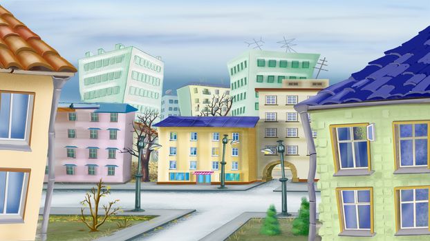 Cityscape in a late autumn Day. Digital Painting Background, Illustration in cartoon style character.