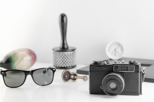 group of old traveler accessories and lifestyle on white background