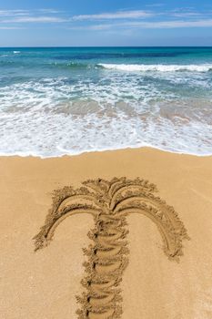Drawing of palm tree on sandy beach on island of Greece