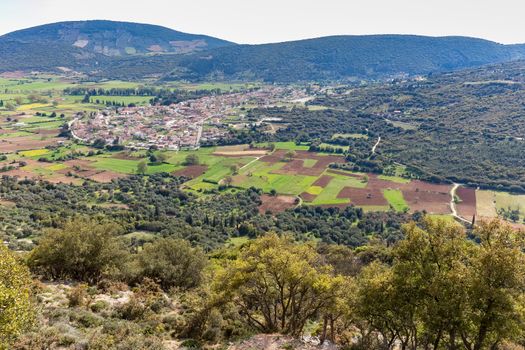 Landscape village with houses in Greek valley of Kefalonia