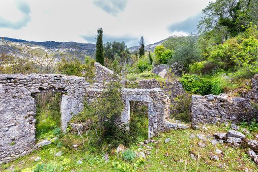 Old historic walls as ruins in landscape of Kegfalonia Greece