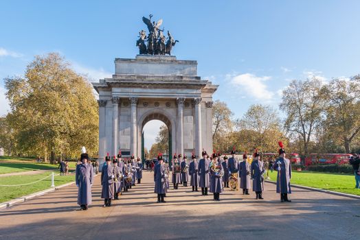 LONDON, UNITED KINGDOM - NOVEMBER 9, 2014: Unidentified Regiments as part of Remembrance Day Parade in front of Wellington Arch in London.