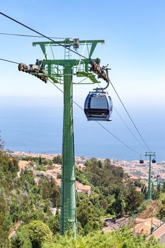 Cable car with cabins in landscape of Madeira between Funchal and Monte