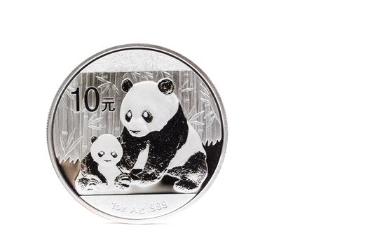 Silver coin with mother and child panda isolated on white background