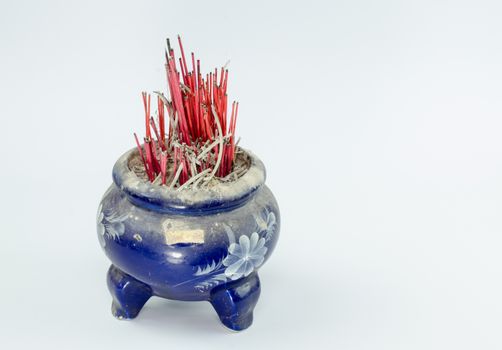 Incense burner and fire  on white background