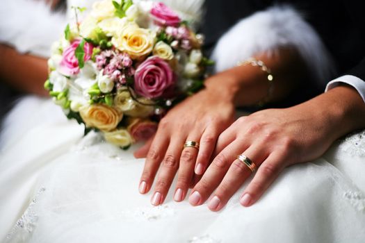 Hand of the groom and the bride with wedding rings
