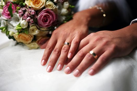 Hand of the groom and the bride with wedding rings