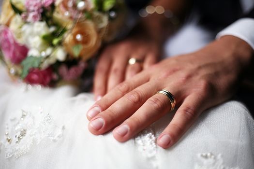 Hand of the groom and the bride with wedding rings