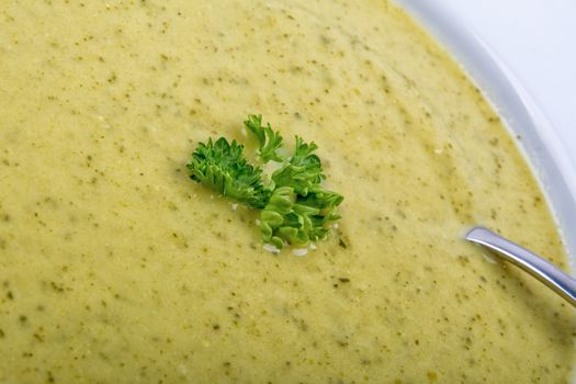 Cream of broccoli soup on a white plate