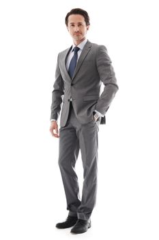 Full body portrait of young business man isolated on white