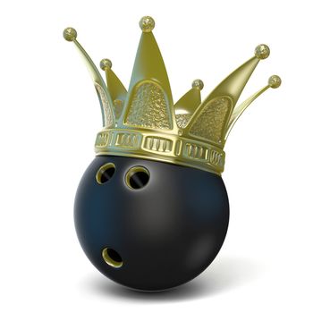 Golden crown on black bowling ball. 3D render illustration isolated on white background