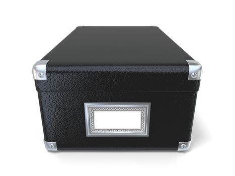 Black leather closed box, with chrome corners and blank label. Front view. 3D render illustration isolated on white background