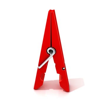 Red clothes pin. Opened standing. Isolated on white background