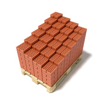Euro pallet and cascade arranged ceramic bricks. 3D render illustration isolated on white background