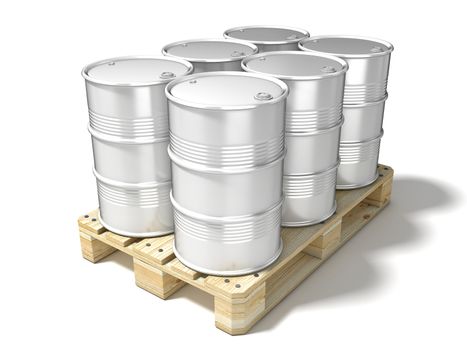 White oil barrels on wooden euro pallet. 3D illustration isolated on a white background