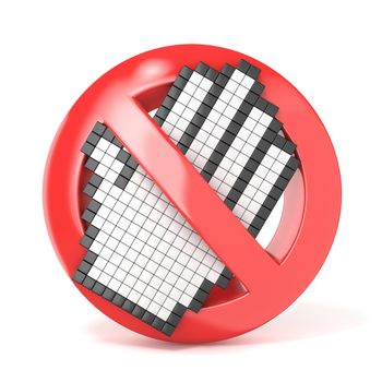 Forbidden sign with open hand cursor. 3D render illustration isolated on white background