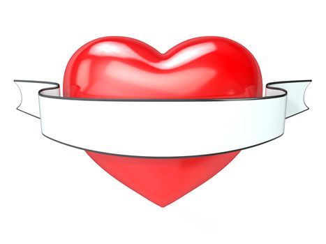 Red heart and white, blank ribbon. 3D render illustration, isolated on white.