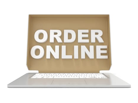 Cardboard box cover with ORDER ONLINE sign on laptop. Front view. 3D render illustration isolated on white background