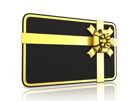 Black blank gift card, with golden ribbon. 3D render illustration isolated on white. Side view