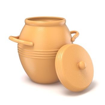 Opened clay pot with lid. 3D render illustration isolated on white background