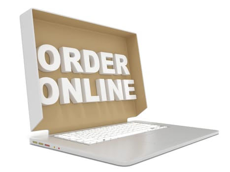 Cardboard box cover with ORDER ONLINE sign on laptop. Side view. 3D render illustration isolated on white background