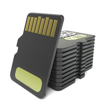 Memory micro sd card stack. 3D render illustration isolated on white background