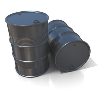 3D illustration of two black oil barrels isolated on white background