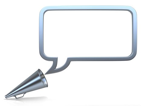 Retro - old style, steel megaphone with bubble speech. 3D render illustration, isolated on white background.