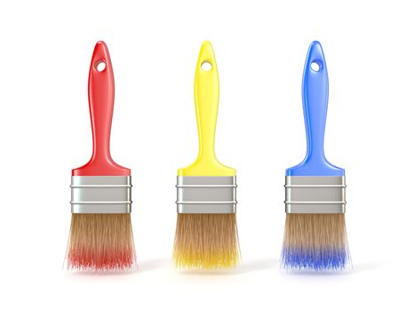 Three colorful paintbrushes. 3D render illustration isolated on white background