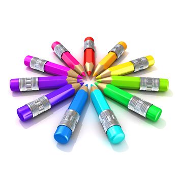 Colorful pencils, 3D render, isolated on white background.