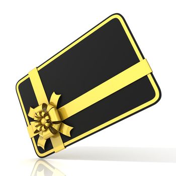 Black blank gift card, with golden ribbon. 3D render illustration isolated on white. Side angled view