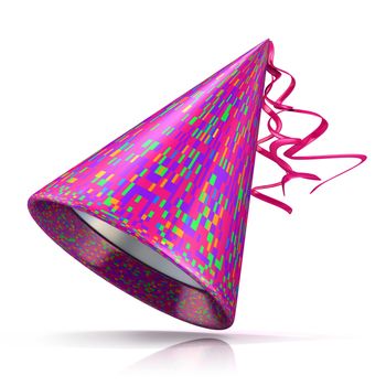 Party hat. 3D illustration of purple hat with colorful rectangular pattern.