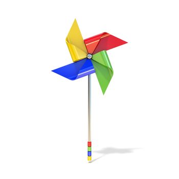 Pinwheel toy, four sided, differently colored vanes. 3D render illustration isolated on white background