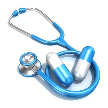 Blue stethoscope with two big blue pills, 3D render illustration, isolated on a white background. Medical concept