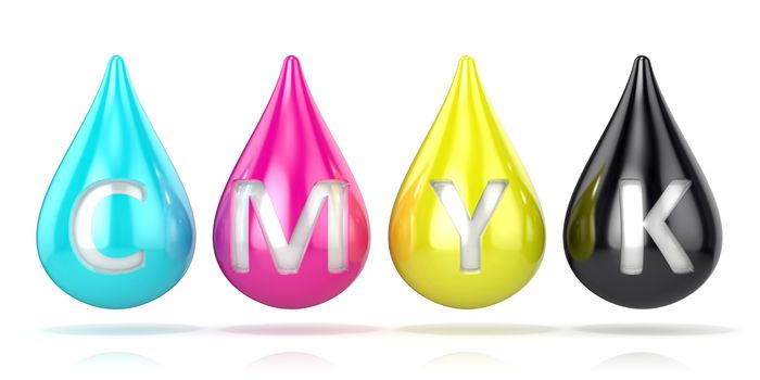 CMYK ink droplets sign. 3D render isolated on white background