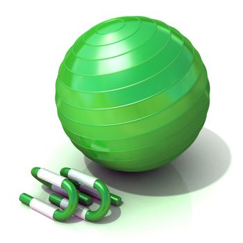 Green fitness ball and push-up bars, isolated on white