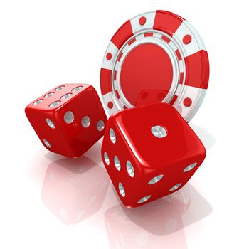 Red gambling chips and dices. 3D render isolated on white