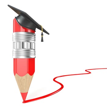 Red pencil with a graduation cap drawing red line. Education concept. 3D render illustration isolated on white background