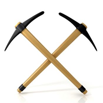 Pickaxes, crossed. 3D render illustration, isolated on white background
