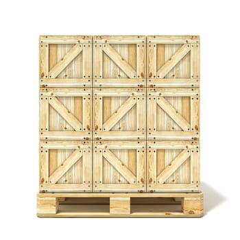 Wooden boxes on euro pallet. 3D render illustration isolated on a white background