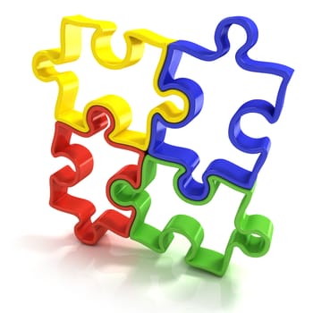Four colorful outlined jigsaw puzzle pieces, banded. Isolated on a white background. Front view