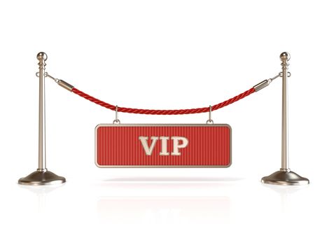 Velvet rope barrier, with VIP sign. 3D render isolated on white background