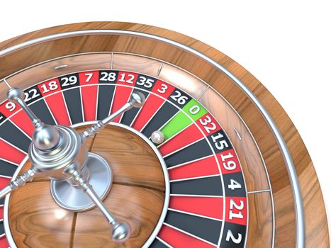 Roulette wheel. 3D render illustration isolated on white background. Detail on zero green pocket