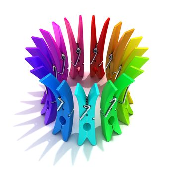 Colorful plastic clothes pegs 3D render illustration